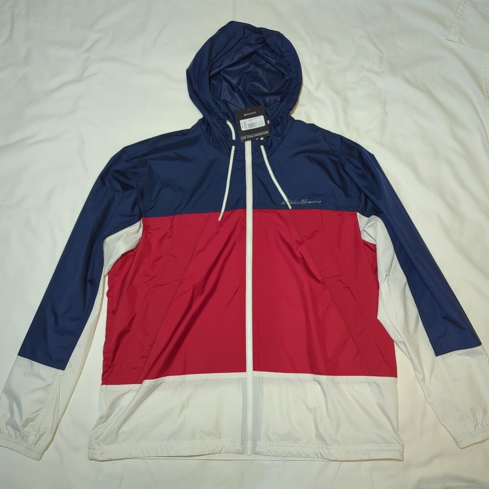 Eddie Bauer Men's Red White Blue USA Light Rain Jacket Momentum Large NWT